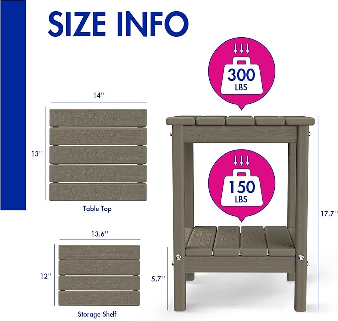 BRIOPAWS Outdoor-Side-Table | Small | Wood Grain | HDPE Plastic | Patio End-Table | 2-Shelf Adirondack Outside Tables | All Weather | for Poolside Front Porch Indoor Living Room | 14" x 13"