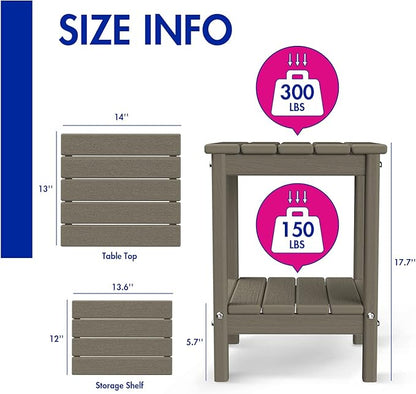 BRIOPAWS Outdoor-Side-Table | Small | Wood Grain | HDPE Plastic | Patio End-Table | 2-Shelf Adirondack Outside Tables | All Weather | for Poolside Front Porch Indoor Living Room | 14" x 13"