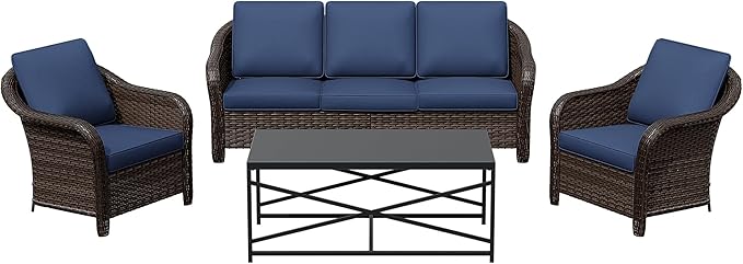 4 Pieces Patio Outdoor Conversation Furniture Set, 78" 3-Seat Couch, 2 Chairs, 47" Metal Coffee Table - Photo 8
