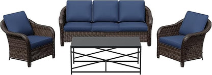 4 Pieces Patio Outdoor Conversation Furniture Set, 78" 3-Seat Couch, 2 Chairs, 47" Metal Coffee Table, Rattan Wicker Sofa with Washable Cushions for Garden, Deck (Navy Blue)