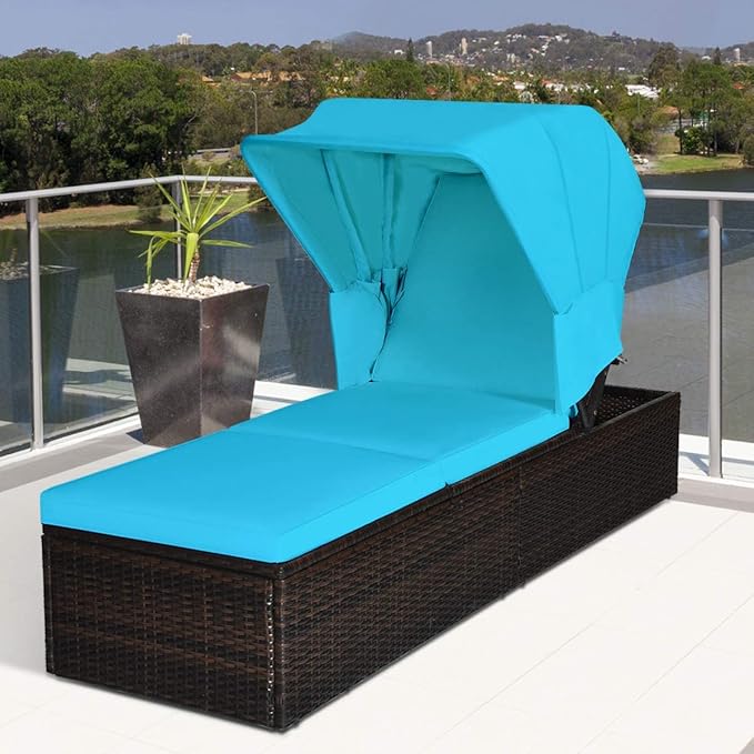 Tangkula Outdoor Chaise Lounge Chair with Folding Canopy, Adjustable Cushioned Reclining Chair with Flip-up Tea Table, Rattan Sun Lounger for Beach Poolside Backyard Balcony Porch (1, Turquoise)