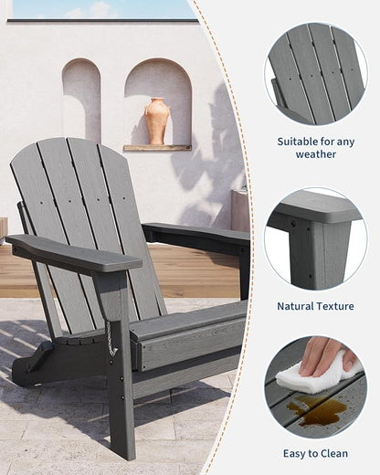 GarveeLife Folding Adirondack Chairs, HDPE Outdoor Patio Chairs All Weather Resistant with Wood Texture for Fire Pit, Deck, Patio, Pool, Backyard - Gray
