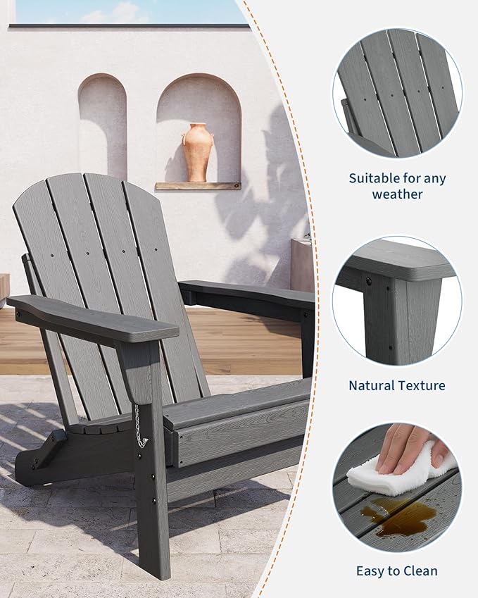 GAOMON Foldable Adirondack Chair (1 Pack), HDPE All-Weather Outdoor Patio Chair, Oversized Lawn Chair for Garden Backyard Poolside, 380 Lbs Capacity, Grey