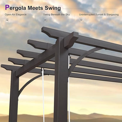 PURPLE LEAF 3-Seat Porch Swing Outdoor Metal Pergola Swing Bed Hanging Cloud Swing Chair with Stand for Backyard Garden Patio Hammock Swinging, Cushion and Pillows Included, Coffee