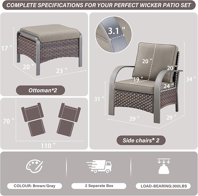 Belord 4 Pieces Wicker Patio Furniture Set Outdoor Patio Chairs with Ottomans All Weather Rattan Outdoor High Back Deep - Photo 3