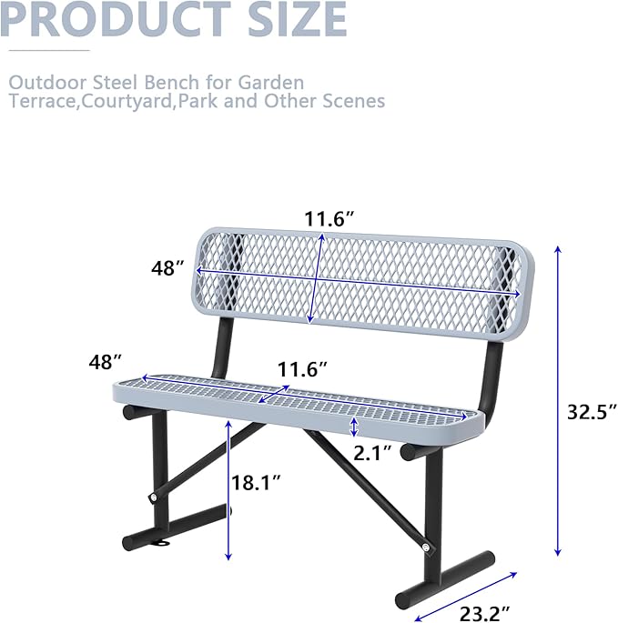 4ft Gray Metal Park Bench with Backrest, Heavy Duty Outdoor Benches Weatherproof Steel Long Playground Bench Seats, Commercial Garden Benches Red Dock Benches for Lawn, Park, Deck,Patio, Porch
