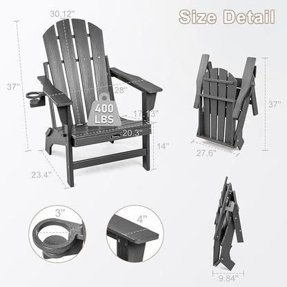 FUNBERRY Folding Adirondack Chair, HDPE Stable Gun-Leg Design Fire Pit Chairs with Cupholder All Weather for Outside