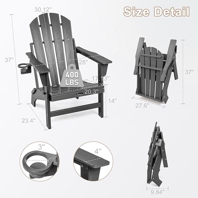 FUNBERRY Folding Adirondack Chairs Set of 4, HDPE Stable Gun-Leg Design Fire Pit Chairs with Cupholder All Weather for Outside