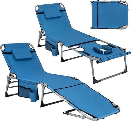 Giantex 2-Pack Tanning Chair with 5 Adjustable Position, Face & Arm Hole, Hand/Shoulder Strap, Removable Pillow, Side Pocket, 330 Lbs Capacity, Lounge Chair Outdoor for Beach, Sunbathing, Blue