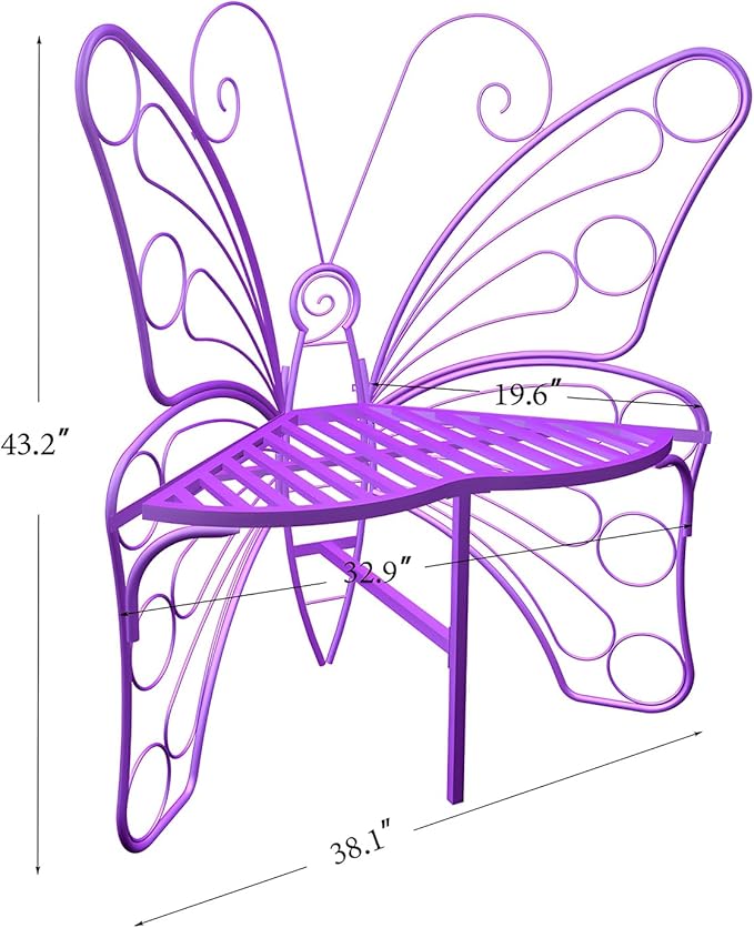 Butterfly Shaped Outdoor Bench, Purple Garden Bench with Sturdy Stable Metal Frame, Outdoor Metal Chair Butterfly Bench for Garden, Yard, Balcony, Lawn(Purple/Small).