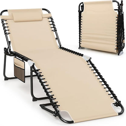 Giantex Lounge Chair Outdoor, Folding Tanning Chair with 4 Adjustable Positions, Removable Headrest, Footrest, Side Pocket, Load 440 Lbs, Portable Recliner for Lawn, Yard, Beach, Sunbathing (1,Beige)