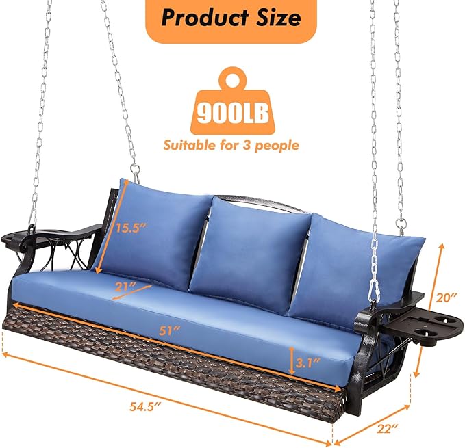 Heavy Duty 900 LBS Porch Swing Chair 3-Person Outdoor Rattan Patio Swing Lounge w/Cup-Holder & Steel Chains Wicker - Photo 6