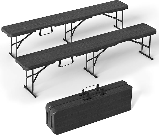 6 Foot Folding Bench, Portable Plastic Folding Bench Seat, Foldable Seat for Indoor Outdoor Picnic Camping Dining, Soccer Garden Multipurpose Entertaining Activities, Black, 2 Pack