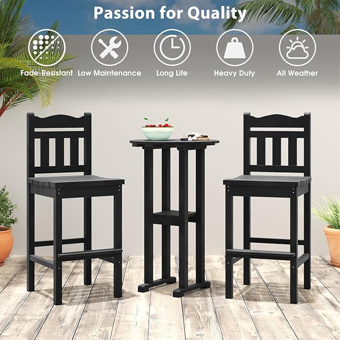 Sundale Outdoor Tall Adirondack Bar Chair Set of 2, HDPE Patio Stools with Backrest, 27.5 Inch Seat Height Tall Bistro Dining Counter Stool, All-Weather Pub Height Chair (Black, 4 Bar Stools)