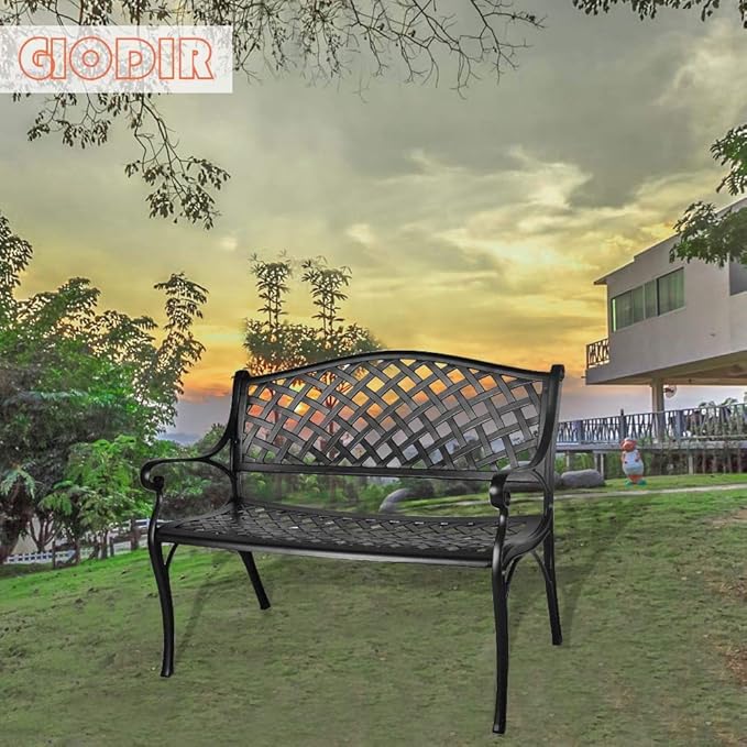 GIODIR Outdoor Patio Garden Bench All-Weather Cast Aluminum Loveseats Park Yard Furniture Porch Chair Work Entryway Decor w/Checkered Design (Black)