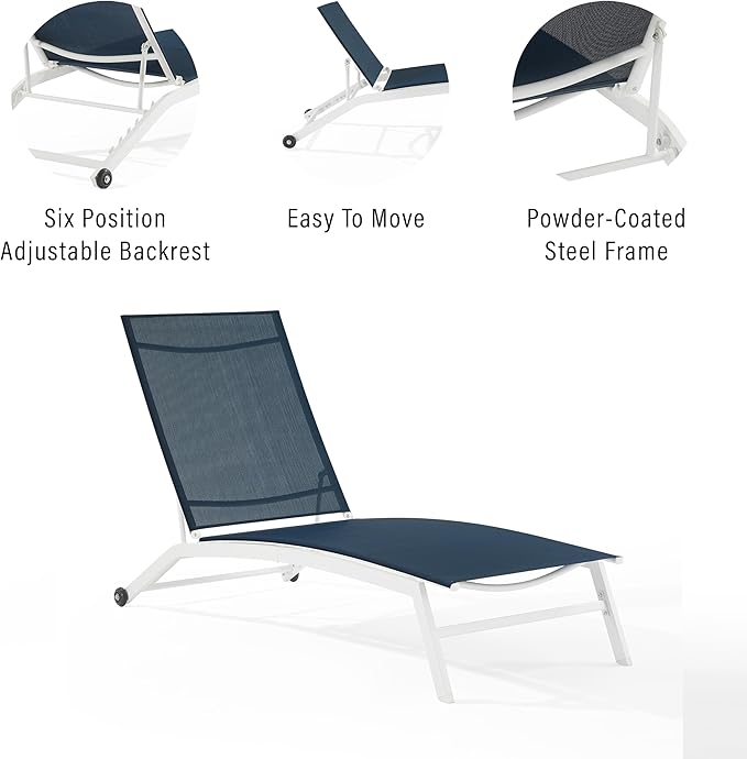 Crosley Furniture Weaver 2-Piece Reclining Sling Outdoor Chaise Lounge Chair Set with Wheels, Patio, Deck, Pool, Navy - Photo 7