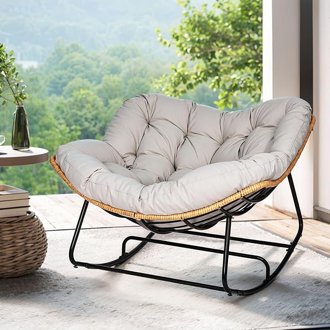 Papasan Chair, Outdoor Rocking Chair with Cushion, 450LB Heavy Duty Egg Chair, Indoor Outdoor Patio Rocking Chairs for Balcony, Porch, Living Room, Bedroom, Lawn, Garden (Light Gray.)