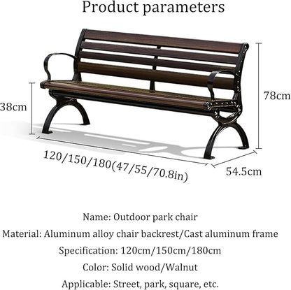 Outdoor garden benches Metal garden bench 2-3 Person Seat Loveseat Chairs Patio Bench Chair with Backrest 120/150/180cm Solid wood slatted seat and galvanized frame 300kg Weight Capacity(Walnut