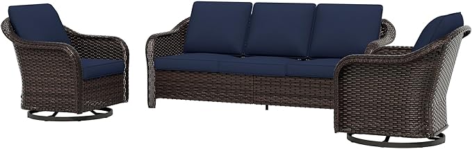 3 Piece Patio Wicker Conversation Set, All-Weather Use Outdoor Wicker Sofa with 2 PE Rattan 360 Swivel Chair - Photo 1