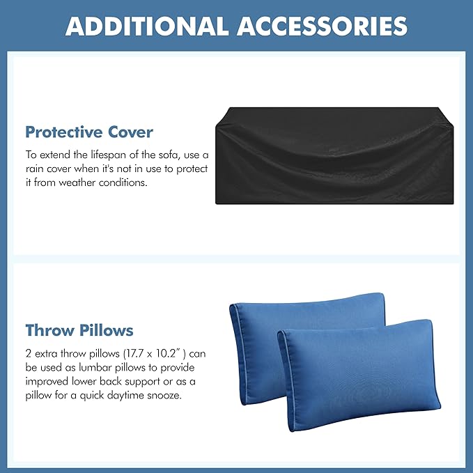 Yaheetech 3-Seat Patio Wicker Sofa, Outdoor Rattan Couch with Furniture Cover, Deep Seat High Back with Cushions & Throw Pillows for Deck/Porch/Balcony/Yard, Brown/Dark Blue