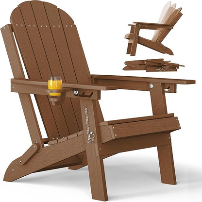 YEFU Folding Adirondack Chair for Outdoor: Plastic Foldable Fire Pit Chair with Cup Holders & Adjustable Backrest - Sturdy All-Weather HDPE for Outside Patio Poolside - Easy Assembly(Teak)