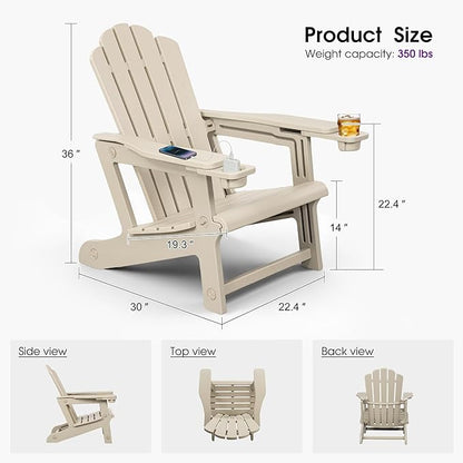 PURPLE LEAF Adirondack Chair Set of 2 HDPE All-Weather Outdoor Fire Pit Chair with 24.6" Oversized Seat Wood-Textured Patio Adirondack Chair with Dual Cup Holders for Garden Deck Backyard, Champagne