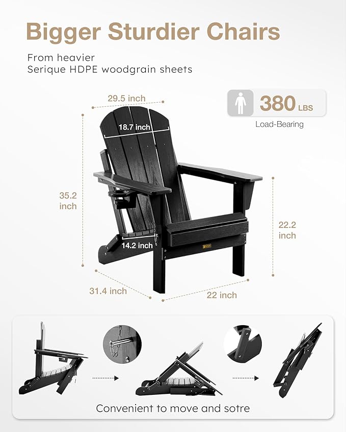 Folding Adirondack Chair, Patio Chair Wood Texture, Outdoor Chair Weather Resistant, Fire Pit Chair with Cup Holder, Composite Adirondack Chair Set of 4(Black)