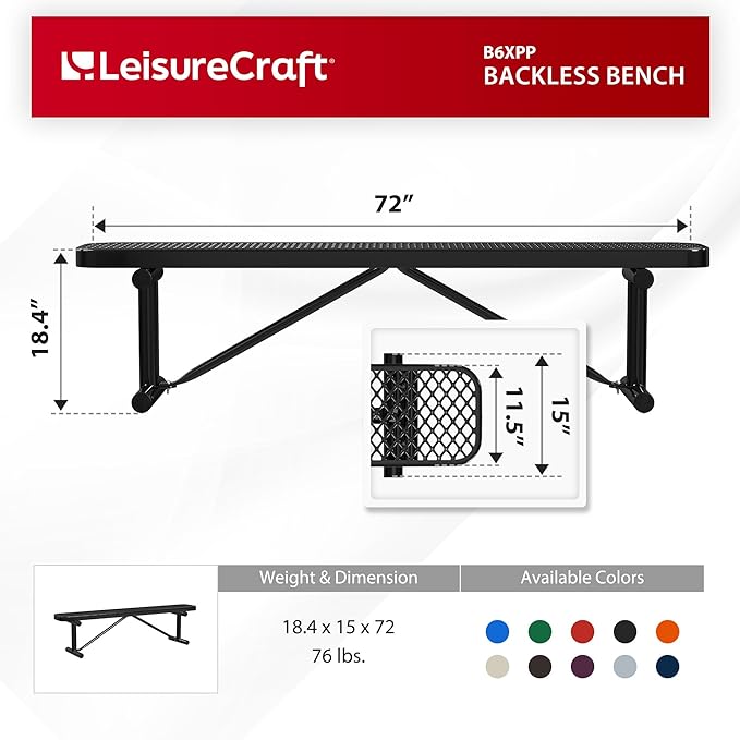 Leisure Craft Metal Outdoor Bench - 6 Foot Heavy Duty Backless Bench Seating for Garden, Porch, Picnic, Park, Expanded Metal, Thermoplastic Coating, Commercial Grade Furniture Made in USA - Black