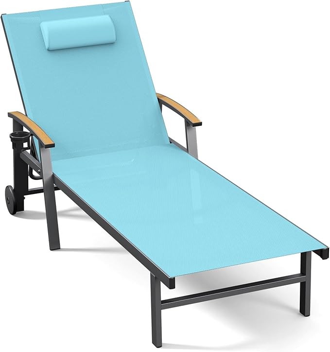 Ciokea Outdoor Lounge Chair with Pillow, 5-Position Aluminum Chaise Lounge with Wheels & Armrests - Photo 1