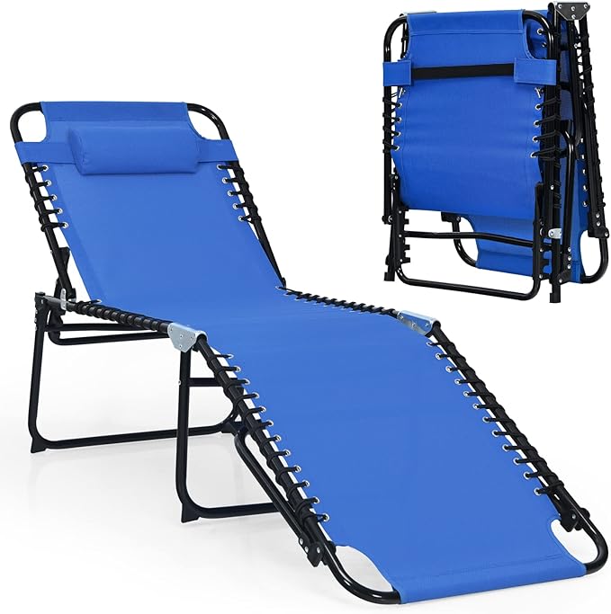 Giantex Patio Chaise Lounge Chair - 16” High Folding Tanning Chair with Removable Headrest, 4-Gear Backrest, 2-Position Anti-Skid Foot-Pads, Portable Sunbathing Beach Chair, Camping Cot, Navy