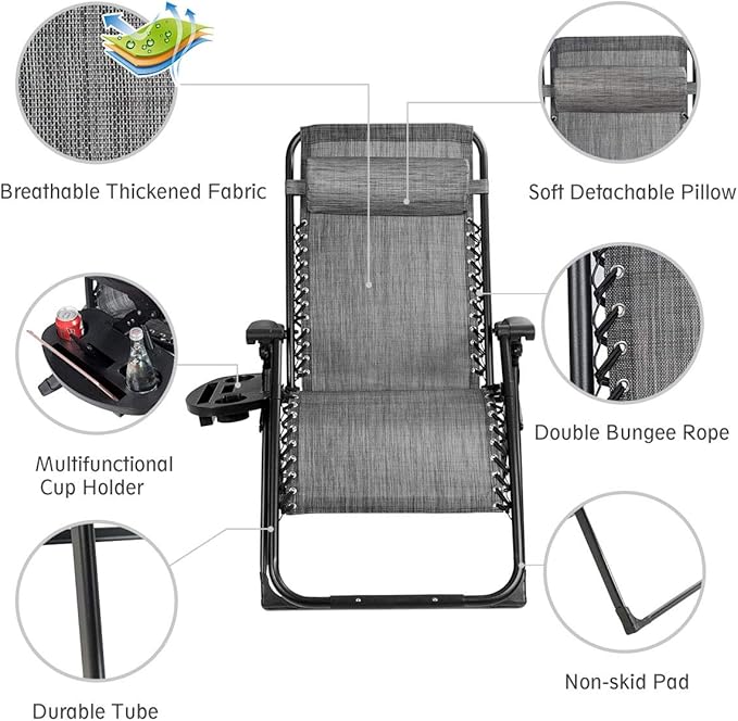 Goplus Oversized Zero Gravity Chair, XL-Extended Version, Outdoor Recliner w/Cup Holder & Detachable Headrest - Photo 5