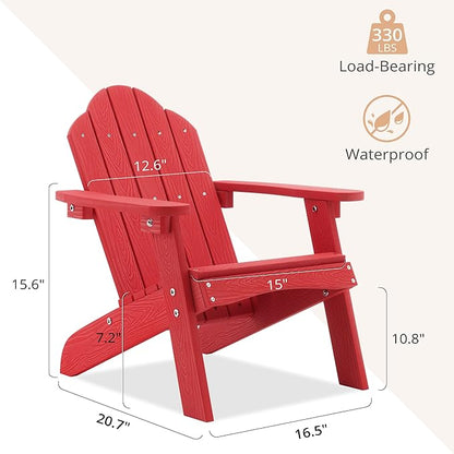 LUE BONA Kids Adirondack Chair - Red Poly Lumber Plastic, Weather Resistant Outdoor Patio Lounge Chair for Toddlers, Balcony, Backyard