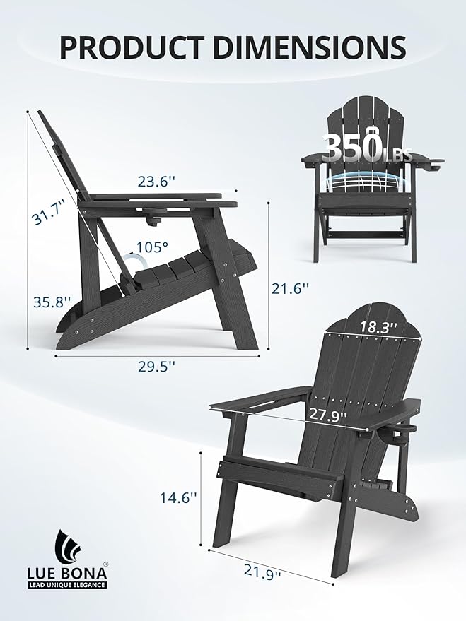 LUE BONA HDPE Adirondack Chair Set of 1 - Weather Resistant Outdoor Seating with Cup Holder for Patio, Deck - Photo 3
