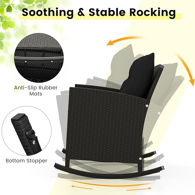 Tangkula 3 Piece Wicker Rocking Set, Patio Rattan Roker Chairs with Tempered Glass Table & Soft Cushions, Outdoor Furniture Set for Backyard, Poolside Porch (Black)