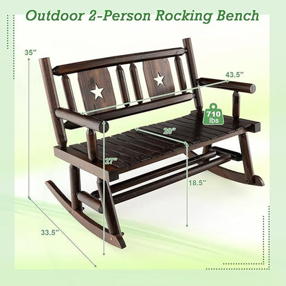 Giantex Outdoor Rocking Bench, Patio Loveseat Rocker for 2 w/Ergonomic Back & Log Arms, Carbonized Fir Wood Frame, Wooden Double Rocking Chair for Porch, Garden, 710 LB Capacity, Rustic Brown (2)