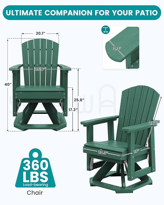 SERWALL Adirondack Swivel Glider, HDPE Glider for Outdoor, All-Weather Glider Rocking Chair for Porch, Balcony, Green - Photo 3