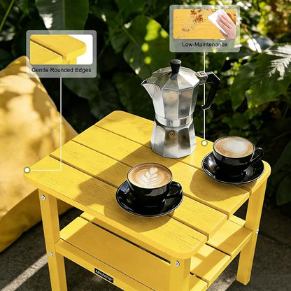 Outdoor Side Table HDPE Small Outdoor End Table Patio Side Tables Square for Backyard Pool Porch Balcony Double Layer Storage, Yellow (Wood Grain Finish)