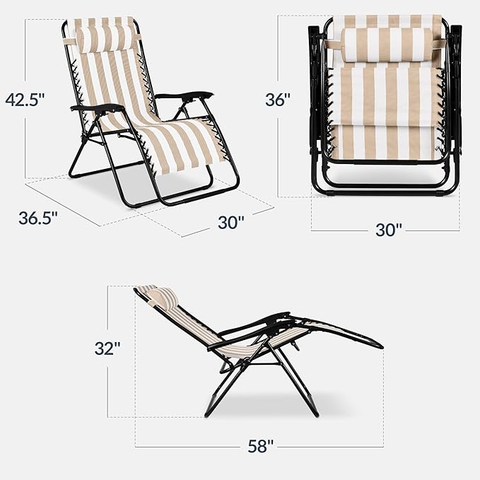 Best Choice Products Set of 2 Extra Wide Adjustable Steel Mesh Zero Gravity Lounge Chair Recliners w/Pillows and Cup - Photo 3