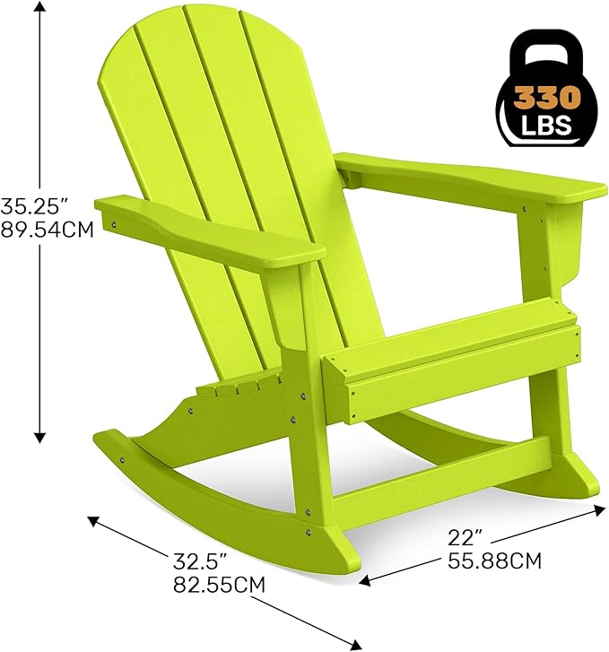 Costaelm Outdoor Adirondack Chair Set of 2, All Weather Resistant Classic Balcony Chair and Fire Pit Chairs, Adirondack Plastic Outdoor Porch Furniture Rocking Chair High Back HDPE Poly Lumber, Lime
