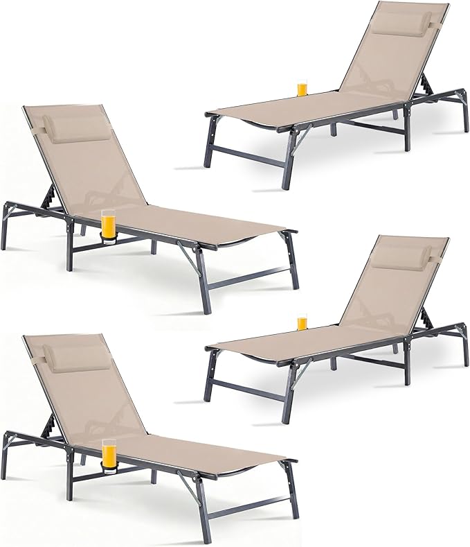 4 Pack Foldable Chaise Lounge Chair with Cup Holder - Photo 1