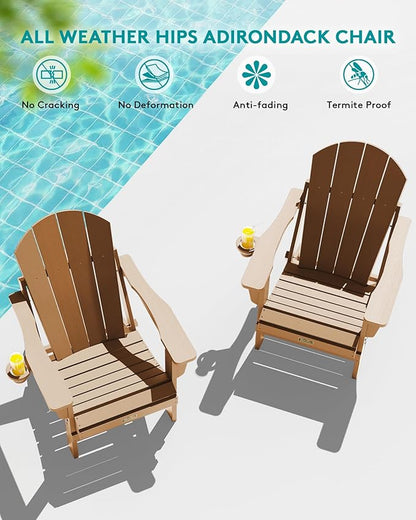 SERWALL Folding Adirondack Chair Set of 4 Outdoor Chairs with Cup Holder Painted Adirondack Chair Weather Resistant for Patio Deck Garden, Backyard Deck, Fire Pit- Brown