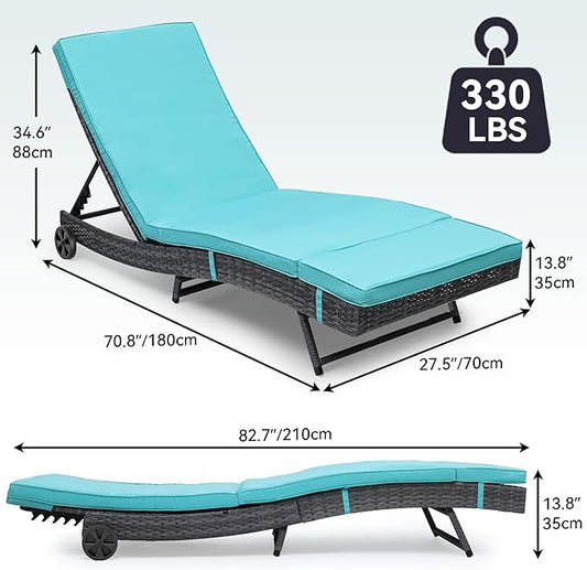 YITAHOME Rattan Lounge Chair Set of 2, Wicker Outdoor Chaise Lounge w/Wheels, Removable Cushion, 5-Position Backrest, Easy to Assemble Sun Lounger for Poolside Beach Balcony (Blue)
