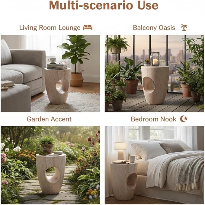 Merax 19.29" H Modern Round MgO Side Table with Cutout Accent, Faux Marble Outdoor Garden Stool & Indoor End Table, Weather Resistant Decorative Accent Table, No Assembly Required, Beige Marble