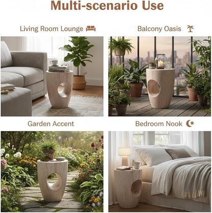 Merax 19.29" H Modern Round MgO Side Table with Cutout Accent, Faux Marble Outdoor Garden Stool & Indoor End Table, Weather Resistant Decorative Accent Table, No Assembly Required, Beige Marble