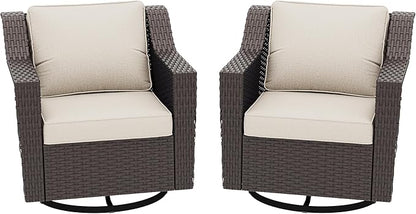 Patio 2 Pieces Wicker Swivel Chairs Set of 2，Outdoor PE Rattan Rocking Glider Armchairs, Water-Resistant Cushions with Removable and Washable Covers, Porch, Balcony, Sunroom (Beige)