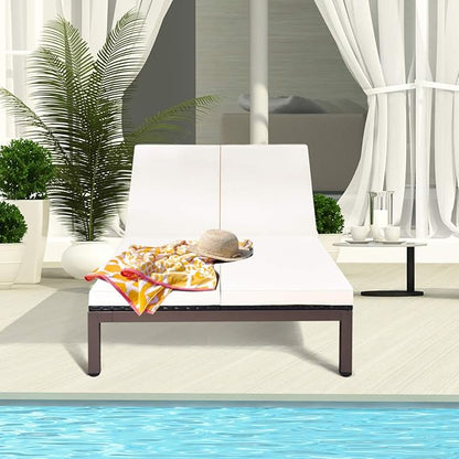 Tangkula 2-Person Patio Lounge Chair, Outdoor Rattan Double Wicker Daybed Chaise with Adjustable Backrest Wheels & Cushion, Loveseat Sofa for Garden Lawn Backyard (Cream)
