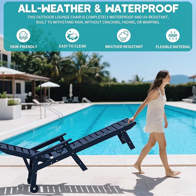 Plawdlik Oversized Patio Chaise Lounge, 5 Positions Adjustable HDPE Outdoor Lounge Chair with Rolling Wheels & Cup Holder,All-Weather for Poolside, Beach, Garden - Navy Blue