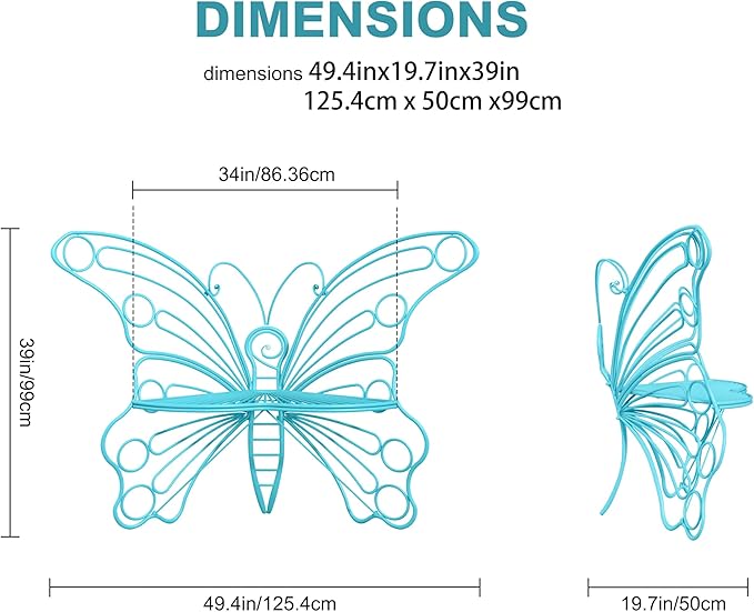 Pink Butterfly Benches Outdoors, Pretty Garden Bench & Cute Metal Outside Bench, Front Porch Benches Outdoor with Sturdy Frame for Lawn Yard Balcony (Blue)