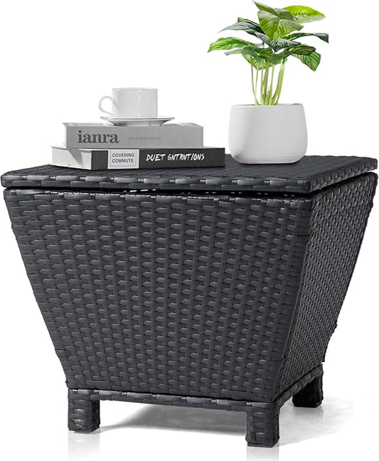 Outdoor Wicker Side Table with Storage Space, Square PE Rattan End Table for Patio Garden Poolside Deck