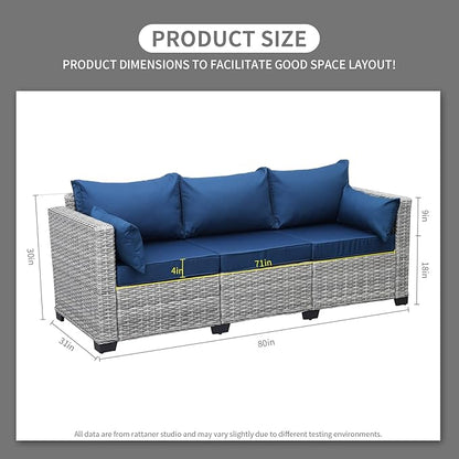 Rattaner Outdoor Furniture Outdoor Couch Grey Wicker Patio Furniture 3-seat Sofa Deep Seat Hight Backrest with Waterproof Cover and Anti-Slip Cushions, Navy Blue